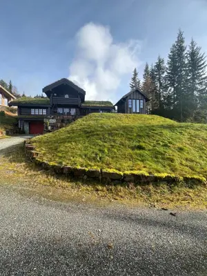 a house on top of a grassy hill at Cabin in Kvamskogen in Kvam