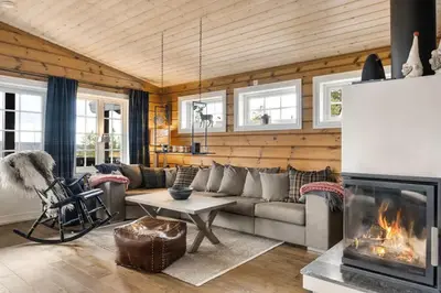 a living room with a couch and a fireplace at Trysilfjell hytteområde 922 by Vacation Trysil in Trysil