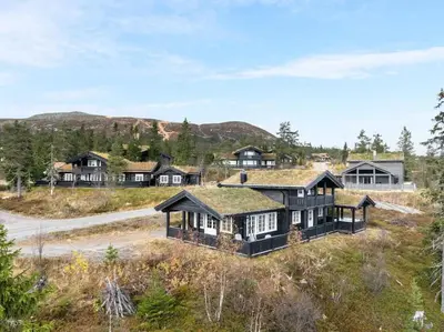 an aerial view of a house with a grass roof at Trysilfjell hytteområde 922 by Vacation Trysil in Trysil
