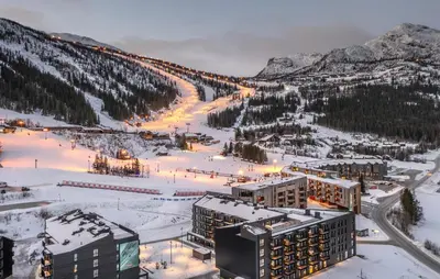 a view of a ski resort in the snow at Cozy Apartment In Hemsedal With Sauna in Hemsedal