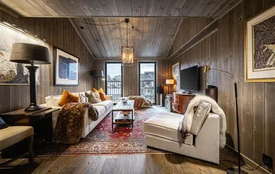 a living room with a couch and a tv at Cozy Apartment In Hemsedal With Sauna in Hemsedal