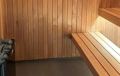 an empty sauna with a wooden paneled wall at Cozy Apartment In Hemsedal With Sauna in Hemsedal