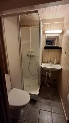 a bathroom with a shower and a toilet and a sink at Ringen Camping in Vestre Gausdal