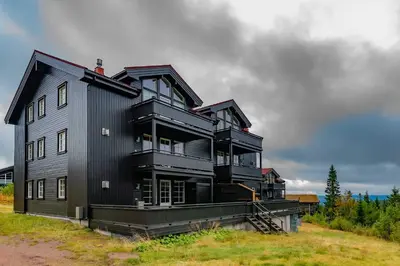 a black house sitting on top of a field at Trysilfjellet Nord 985A in Trysil