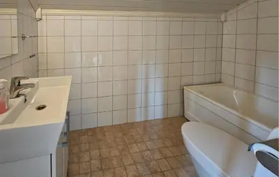 a bathroom with a sink and a toilet and a tub at Gorgeous Home In Eggedal With Sauna in Eggedal