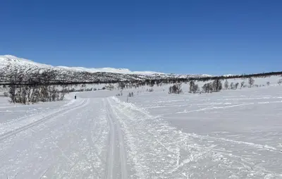 a snow covered road with tracks in the snow at 3 Bedroom Stunning Home In Hovden I Setesdal in Hovden