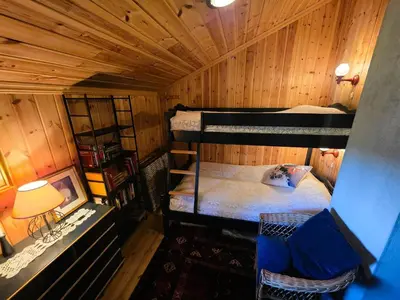 an overhead view of a room with two bunk beds at Cozy Cabin Retreat in Trysil, Norway for Families in Trysil