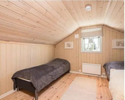 a bedroom with two beds in a wooden room at Cozy year-round cabin with sauna at Furutangen in Åmot