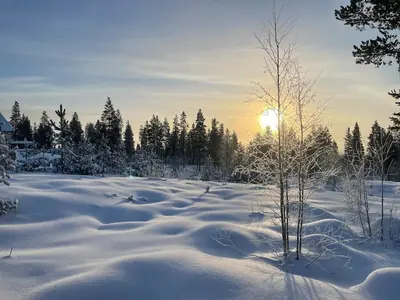 a snow covered field with the sun in the background at Cozy year-round cabin with sauna at Furutangen in Åmot