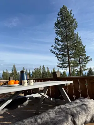 a picnic table on a deck with a tree at Cozy year-round cabin with sauna at Furutangen in Åmot