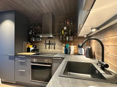 a kitchen with a sink and a stove and a sink at Moderne leilighet på Glomsrud Golsfjellet vest in Gol