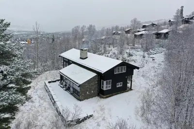 an aerial view of a house in the snow at Familiehytte med fantastisk beliggenhet i Vestlia in Geilo