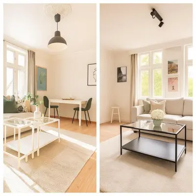 two views of a living room and a dining room at Twin Flat 2nd Floor Bergen Centre - Norwegians minimum age 25 in Bergen