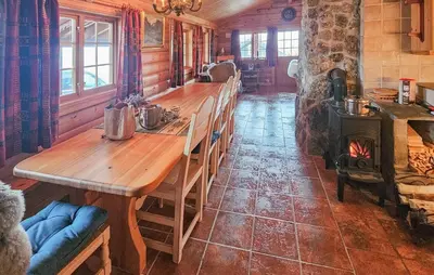 a long wooden table in a room with a fireplace at 4 Bedroom Gorgeous Home In Rjukan in Rjukan