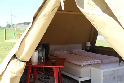 a bed and a table in a tent at Alpakkaparken Glamping med parktilgang