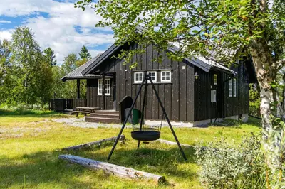 a black house with a swing in front of it at Fjellkos, mountain cabin in Gol in Gol