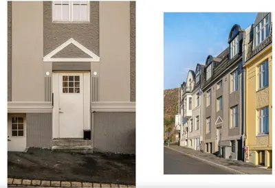 a row of houses on a city street at Bergenhus apartment in historical Sandviken in Bergen