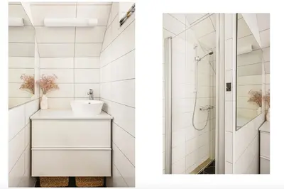 a bathroom with a sink and a shower at Bergenhus apartment in historical Sandviken in Bergen