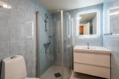 a bathroom with a shower and a toilet and a sink at Geilo Town Centre - Apartment with a Superb Location and walking Distance to Everything in Geilo