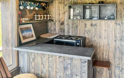 a kitchen with a counter with a stove in it at Stunning Home In Røros With Sauna in Røros