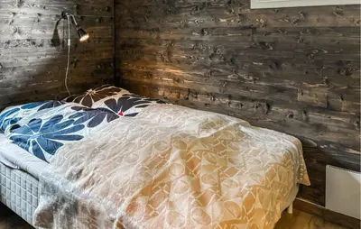 a bedroom with a bed with a wooden wall at Stunning Home In Røros With Sauna in Røros