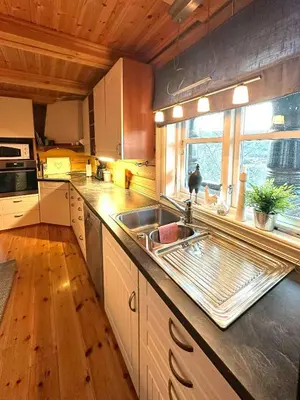 a kitchen with a sink and a counter top at Log Cabin By Hardangervidda National Park in Nesland