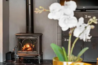 a stove with a fire in a room with flowers at Norefri - Norefjell in Noresund