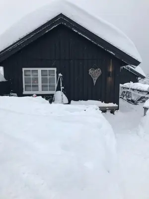 a black cabin with snow on the ground in front of it at Utibakken - cabin ski inn-out Norefjell in Surteberg