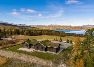 an aerial view of a house with a grass roof at New Cabin With Views Of Tisleiefjorden in Gol