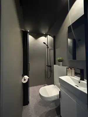 a bathroom with a toilet and a shower and a sink at Nygård Panorama in Stryn