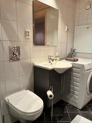 a bathroom with a toilet and a sink and a mirror at Ski-in & ski-out apartment in Hafjell in Øyer