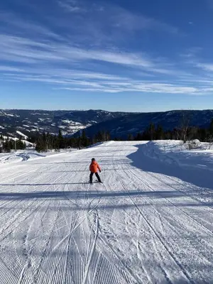 a person riding a snowboard down a snow covered slope at Apartment in Gol Skisenter in Gol