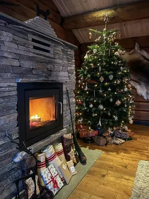 a christmas tree in a living room with a fireplace at Family Cabin With Panoramic Views In Aurdalsåsen in Aurdal