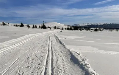 a snow covered road with tracks in the snow at Stunning Home In Austbygda With Wifi in Austbygdi