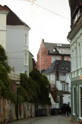 a street with buildings and cows walking down a street at Cozy 2BD apartment in Central Bergen in Bergen