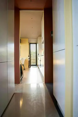 a hallway leading to a kitchen with a hallway at Modern Cabin By The Cross-Country Trails in Svene