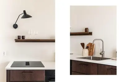 a kitchen with a sink and a counter top at Modern 1BR in heart of old town in Bergen