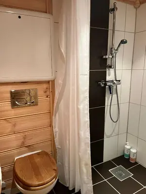 a small bathroom with a toilet and a shower at Authentic Norwegian Cabin - Sauna, Firehouse & Nature in Vossevangen