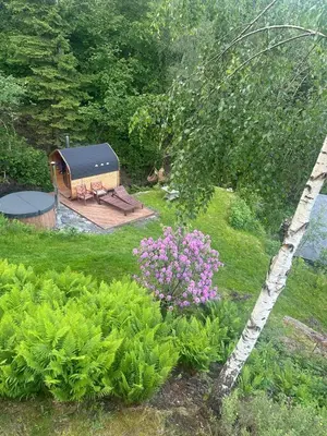 an aerial view of a garden with a gazebo at Hilltop Spa House in Voss in Vossevangen