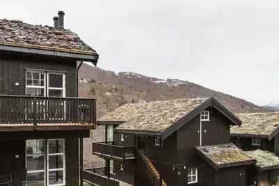 a group of buildings with a mountain in the background at Stranda Fjellgrend 3 bedrooms and loft - 80D in Stranda