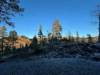 a dirt road with trees on the side of a hill at Warm And Inviting Cabin Near Norefjell in Eggedal