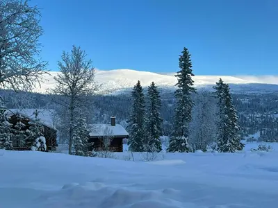 a house in the snow with trees and a mountain at Warm And Inviting Cabin Near Norefjell in Eggedal