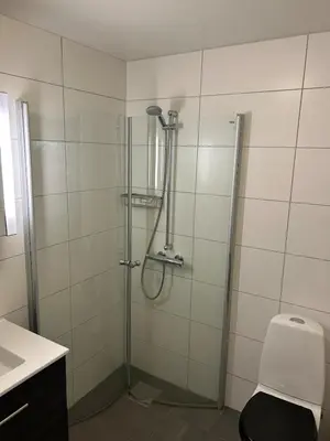 a bathroom with a shower with a toilet and a sink at Villa Hagavik, studio apartment Peter
