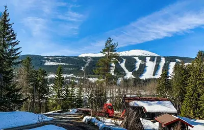 a snow covered mountain with trees and a red truck at 4 Bedroom Nice Home In Trysil in Trysil
