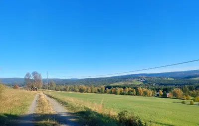 a dirt road in the middle of a field at Cozy Home In Oppdal With House A Mountain View in Oppdal