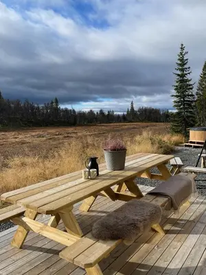 a wooden picnic table with a cat sitting on top at Lovely Cabin With Hot Tub Near Syningtoppen in Torpo