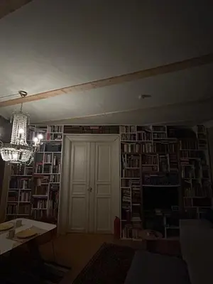 a room with a wall full of books at Central, charming, 1800s apartment in Lii