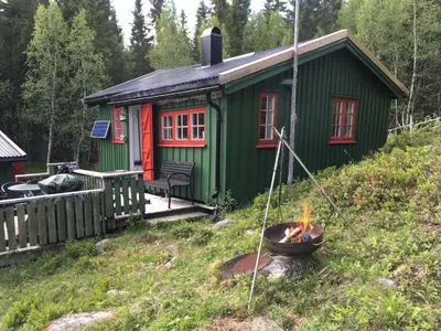 a green cabin with a fire pit in front of it at Øyungen 2 in Namsos