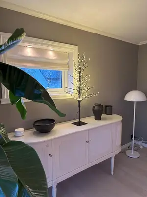 a white cabinet with a plant on it in front of a window at Spacious Group Villa with Jacuzzi and Views in Askøy