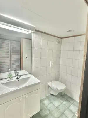 a white bathroom with a sink and a toilet at Hilltop Panorama view retreat in Ålesund
